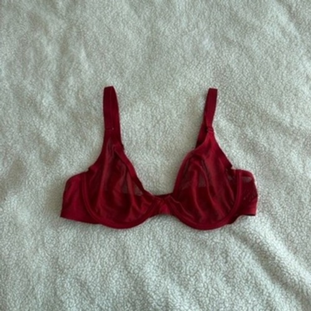 CUUP The Plunge Mesh Underwire Bra Red 38C Minimalist Sheer Unlined